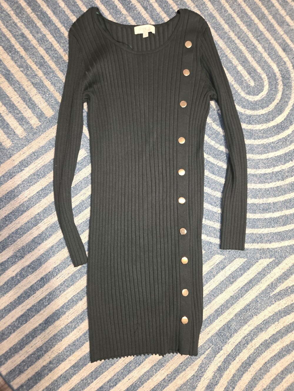Olive & Oak Dark Green Ribbed Crewneck Sweater with Gold Buttons